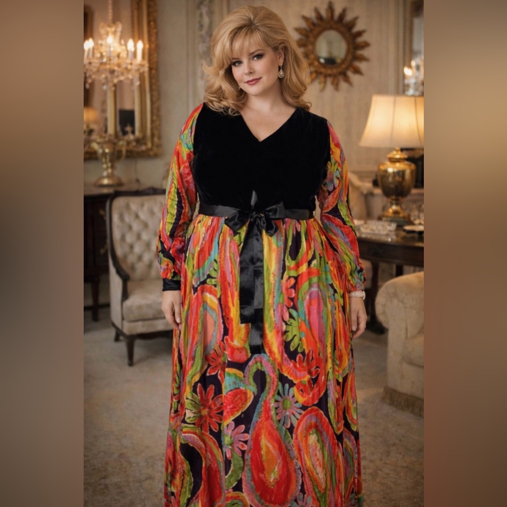 *Vintage 1960’s - Lane Bryant- velvet bodice maxi dress- fire print skirt area